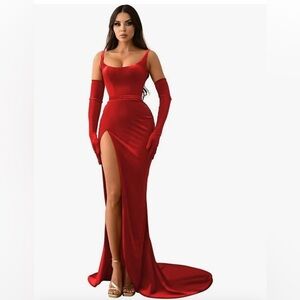 Mermaid Velvet Prom Dress w/ Slit and velvet opera gloves